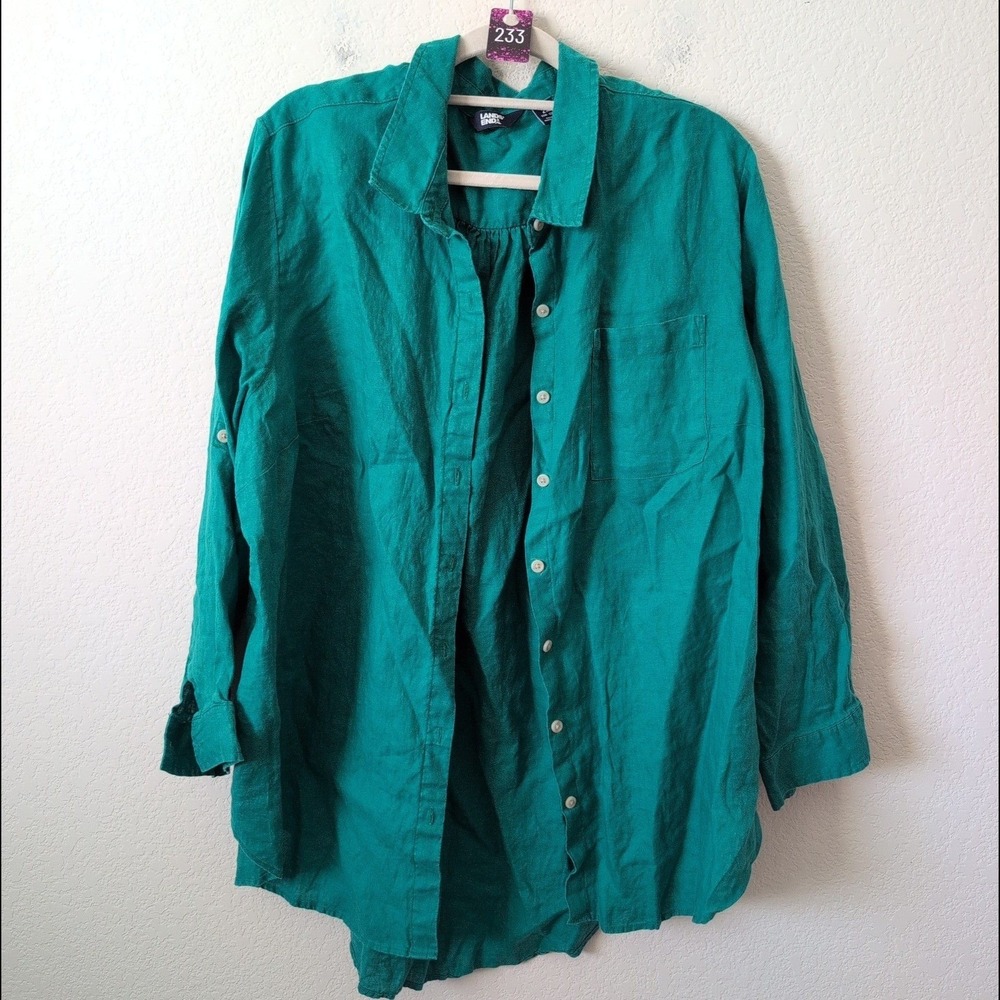 Lands End Womens 2X 20W 22W Tunic Shirt 100% Linen Blue Popover Long Sleeve